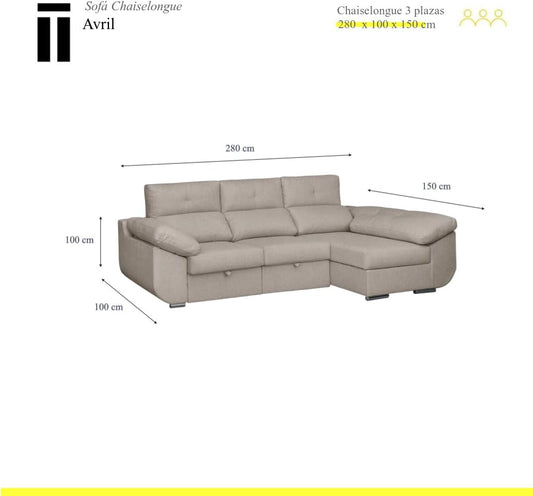 SHIITO | Modelo Avril - Sofá 3 Plazas Derecha con Chaiselongue y Asientos Deslizantes | Diseño Moderno y Sofisticado | 280 x 150 x 100 cm - Color Marfil