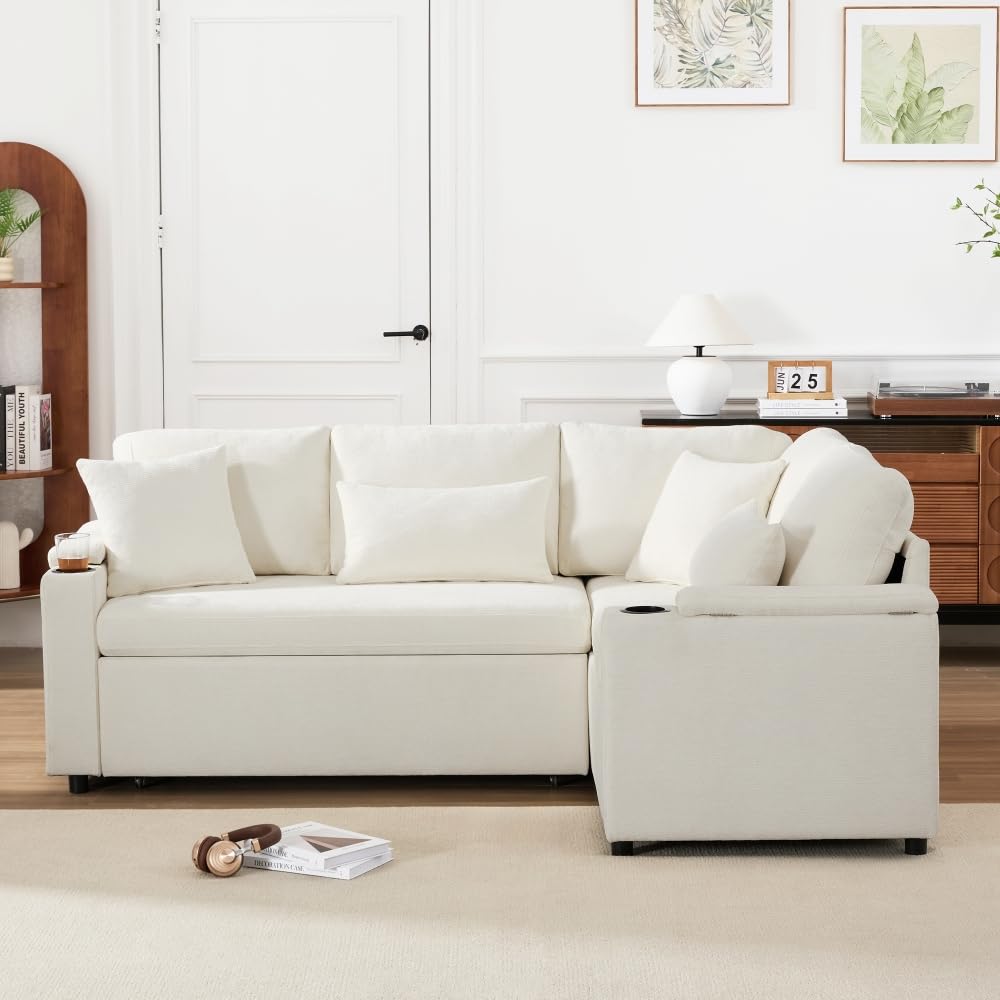 Sofá esquinero extensible en forma de L con puerto USB y portavasos, sofá cama de 4 plazas con función cama, sofá convertible con espacio de almacenamiento y reposabrazos, cojines, chenilla