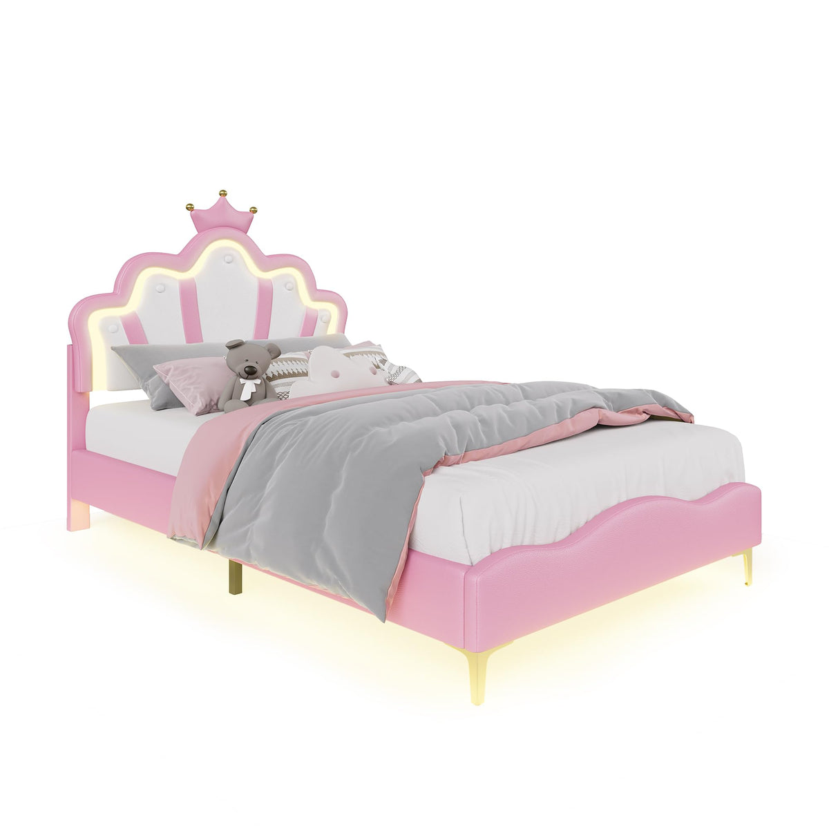 Cama Infantil tapizada 140 x 200 cm con LED, Cama tapizada para niños 140 x 200 con cabecera Ajustable Marco de Camas, Camas de Princesa para Niña en Forma de Corona con Somier(Rosa, 140 x 200)