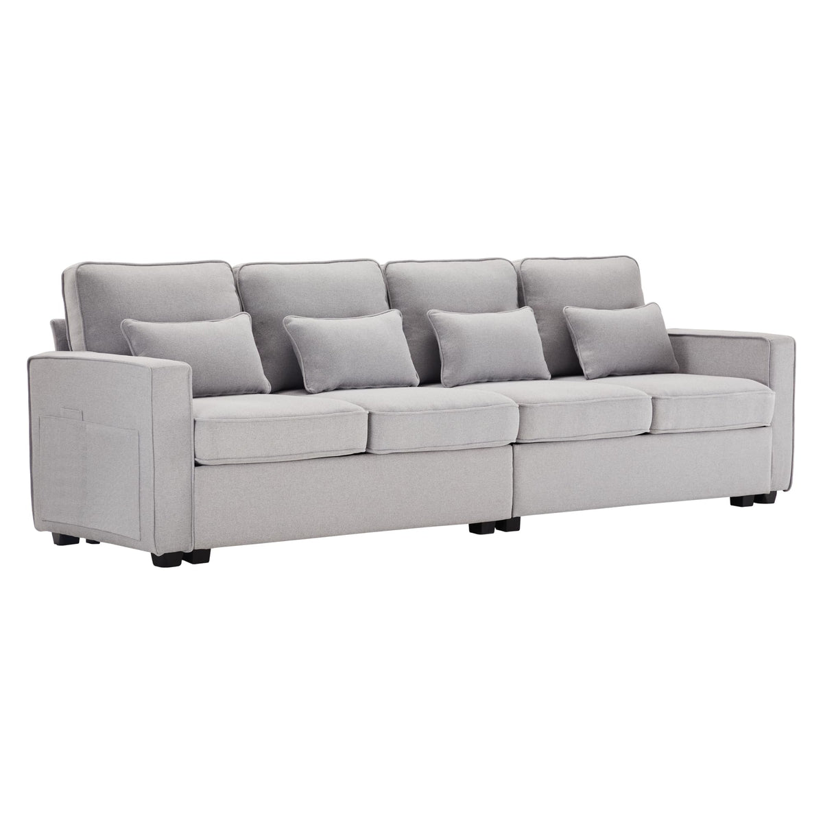 Sofá moderno de 4 plazas, en tejido de lino, soporte para bebidas, 2 puertos de carga USB con cable, bolsillos en reposabrazos y 4 cojines, sofá sencillo para sala de estar