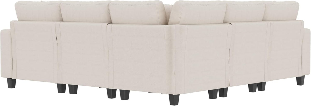 Sapgaks Sofá modular moderno de 6 plazas, con USB y portavasos, sofá de esquina modular muy grande en forma de U/L, con reposapiés extraíble y apoyabrazos con estantería, tela de chenilla, beige