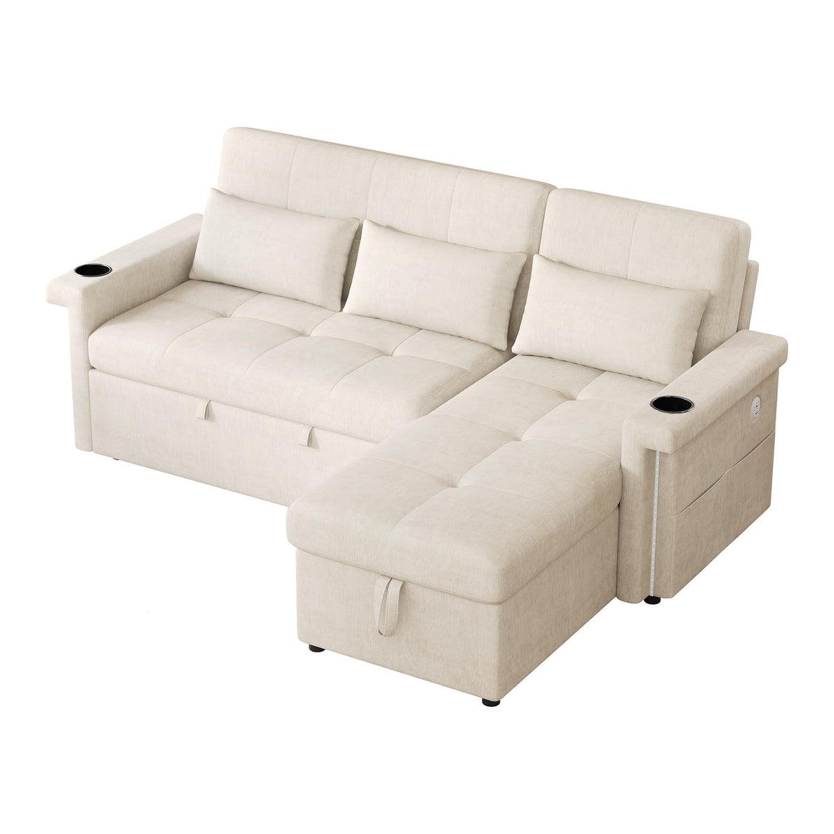 Bladez Sofá cama extensible en forma de L de lino con espacio de almacenamiento, soporte para bebidas, sofá modular de 3 plazas para salón (gris)