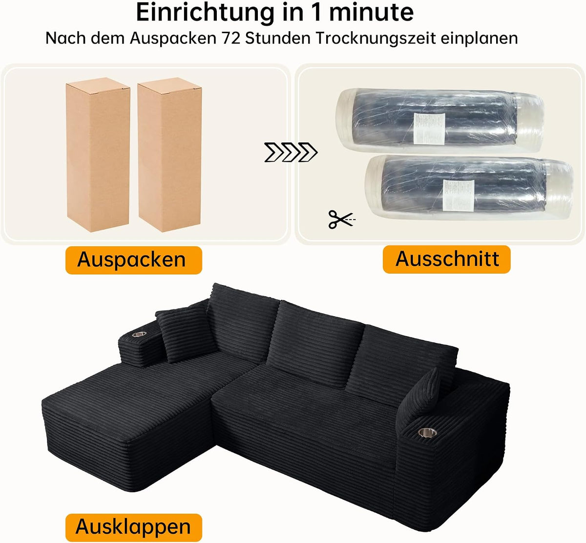 Sofa Modular sofás Comprimidos al vacío, Sofa Cama Chaise Longue 102 inch/261cm Sofá de Suelo Modular sin Estructura con Función de Dormir, Sofá para Salón o Apartamento, Negro