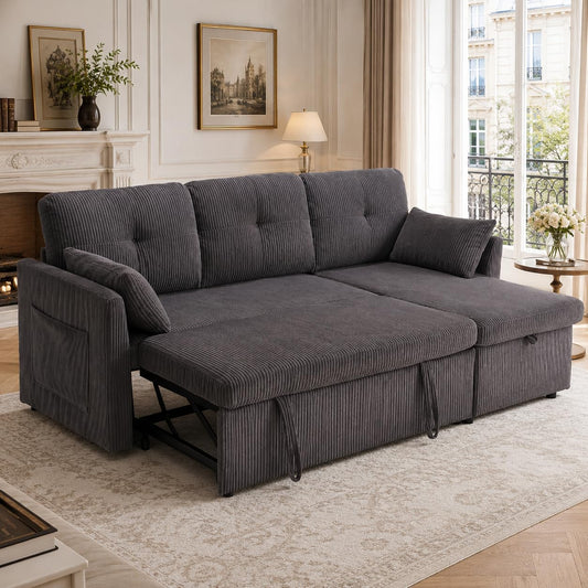 Lubvtti Sofá cama de 3 plazas moderno con función de cama, con espacio de almacenamiento, cargador USB, reposabrazos portaobjetos y 2 cojines, sofá de esquina en L, sofá de 3 plazas, chenilla (C-gris)