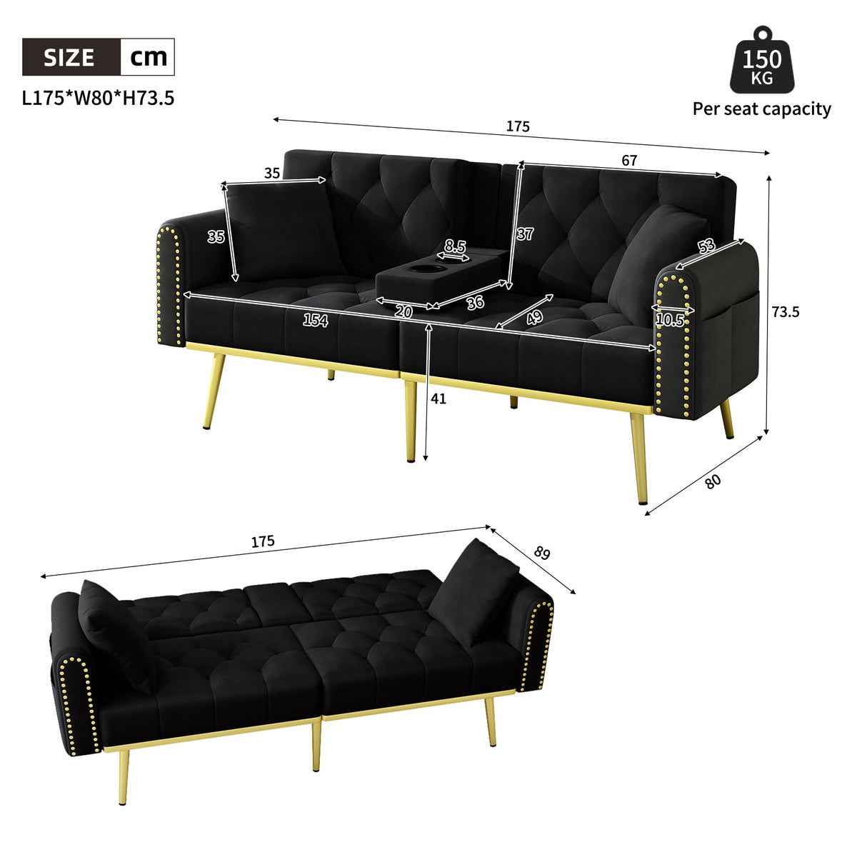 Azkoeesy Sofá cama de 2 plazas con soporte para bebidas, 175 cm, sofá cama con función de dormir, respaldo ajustable en 3 posiciones, patas metálicas doradas y remaches, para sala de estar y cine en