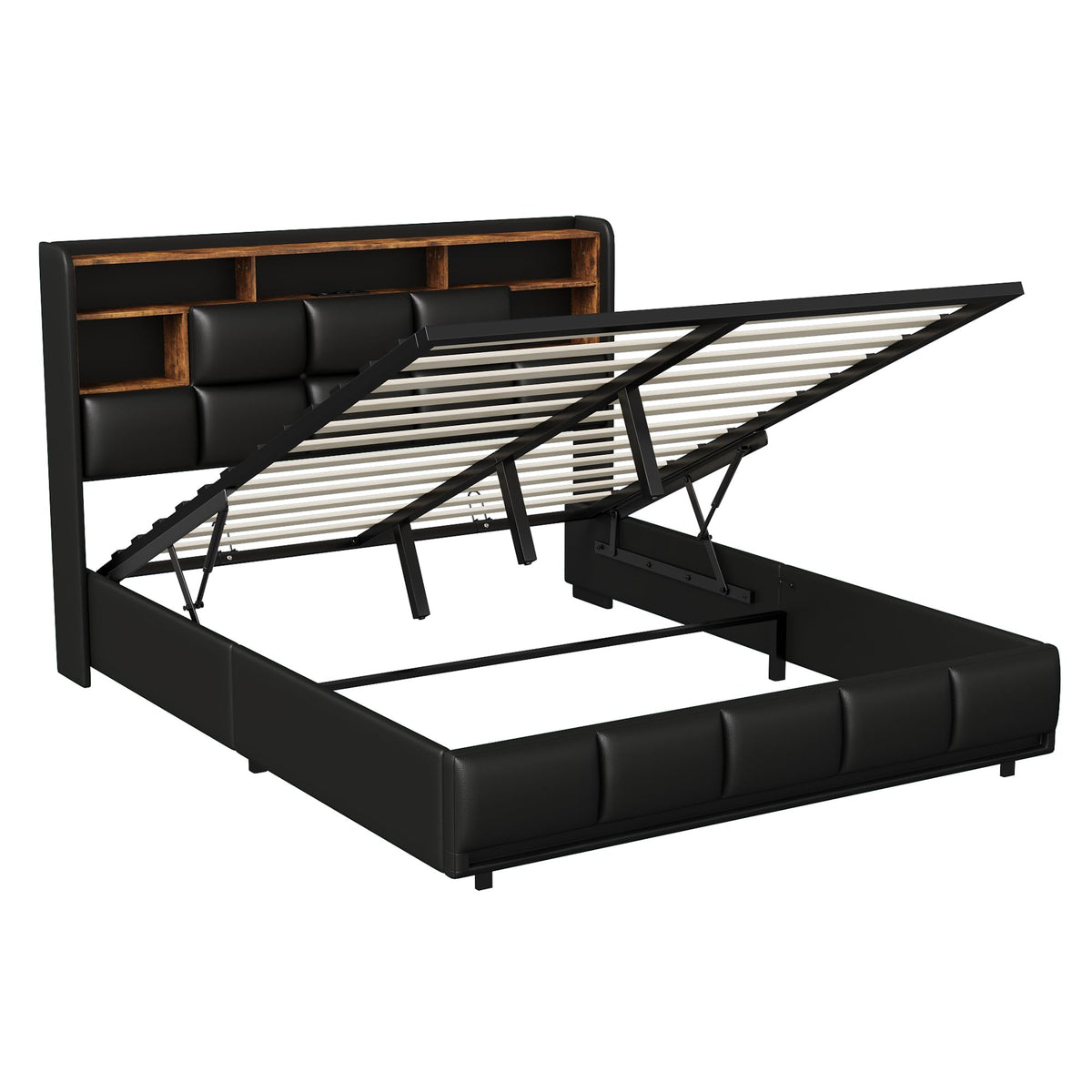 Cama tapizada de 160 x 200 cm, cama doble LED con espacio de almacenamiento, cabecero y función de carga USB C, cama de almacenamiento hidráulico, respaldo con somier de láminas de madera