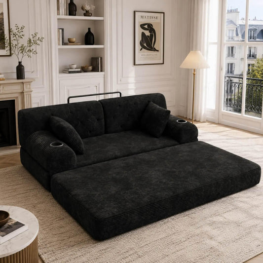 YEHTOKHOME - Sofá de Velor acanalado con respaldo alto y estructura metálica, sofá moderno de 2 plazas con 2 portavasos y 4 bolsillos laterales, para salón, dormitorio (Beige)