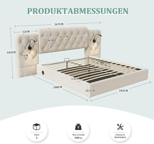 Estructura de cama con cabecero largo, 180 x 200 cm, material de terciopelo moderno, varios puertos USB, lámpara de escritorio, sistema hidráulico, espacio de almacenamiento extra grande en la