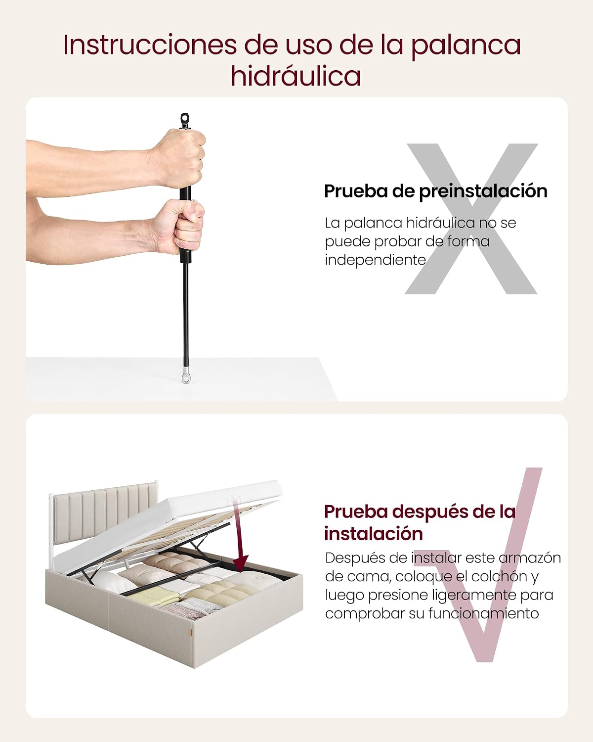 VASAGLE Estructura de Cama, 160 x 200 cm, Cama Elevable, 2 Personas, con Almacenaje, Cabecero, Sistema Hidráulico, Moderno y Minimalista, Fácil Montaje, Beige Capuchino RMB615LH01