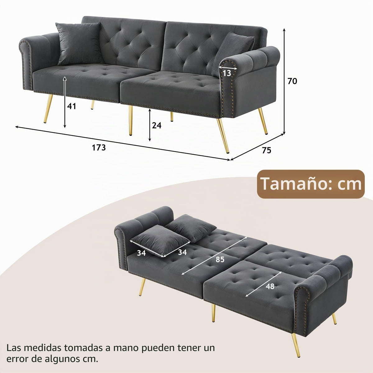 Sofá cama moderno de 2 plazas, tapizado en terciopelo, respaldo ajustable en 3 niveles y patas de metal doradas, elegante sofá con función de dormir, ahorra espacio, resistente, 173 x 75 x 70 cm