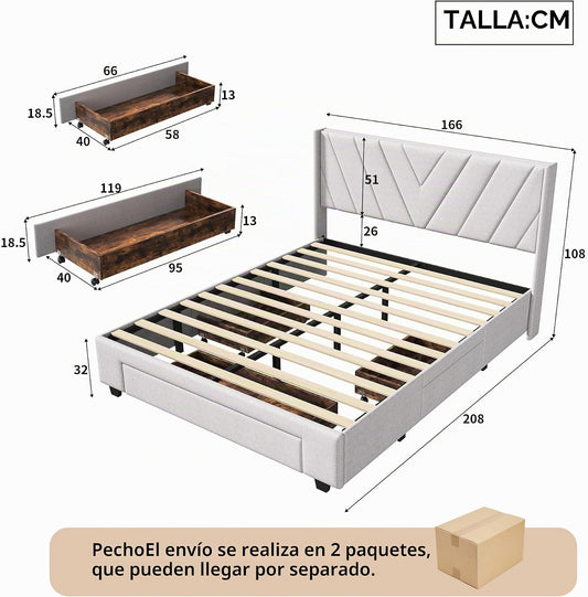 BRILVERDE Cama de matrimonio 160x200 cm, cama tapizada con 3 cajones, cama con cabecera y somier de láminas, sin colchón, lino (Beige(59), 160x200 cm)