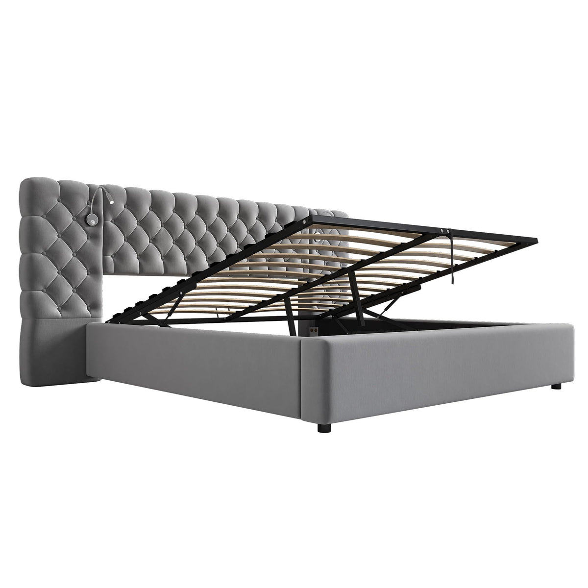 Cama Tapizada 180x200, Cama Doble con LED iluminación y Espacio de Almacenamiento, Hidráulica Modern Cama Matrimonio Juvenil con Cabecero Ancho y Suave y Somier, Gris, Terciopelo, Sin Colchón