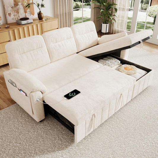 Bladez Sofá cama extensible en forma de L de lino con espacio de almacenamiento, soporte para bebidas, sofá modular de 3 plazas para salón (gris)