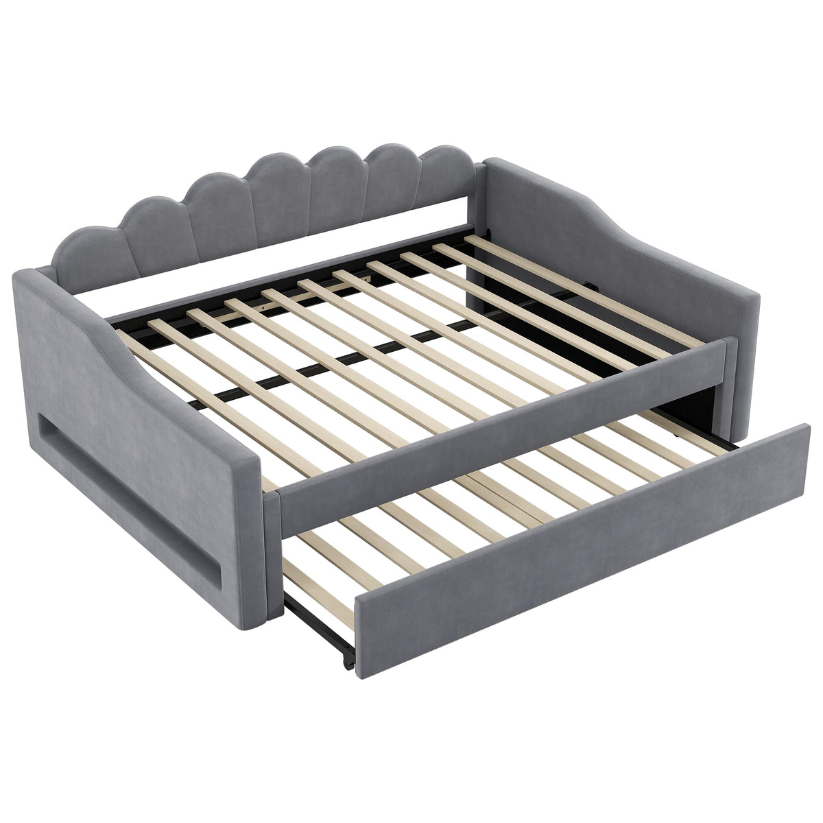 Cama acolchada de 140 x 200 cm con cinturón LED y cama nido (beige)