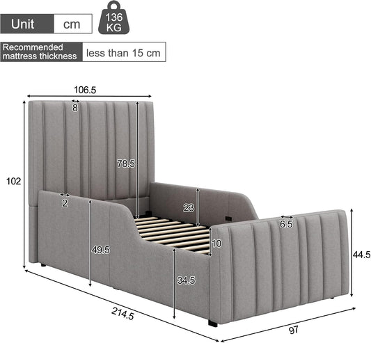 Kebnor Cama tapizada, cama individual, cuna 90 x 200 cm, cama funcional hidráulica, cama con somier, cabecero y gran espacio de almacenamiento, cabecero acolchado, lino (gris)