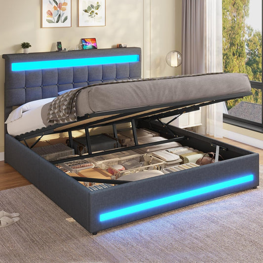 AOGLLATI Camas Matrimoniales 140x190 cm con Almacenamiento Hidráulico, Cama Canapé con Cabecero Ajustable, Estructura de Cama con Luces LED y Estación de Carga (USB y Tipo-C), Gris Oscuro