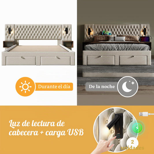 Juego completo de cama para dormitorio, cama doble tapizada de 160 x 200 cm, con 2 mesitas de noche y 4 cajones, cabecero de luz de lectura con función de carga USB, terciopelo, sin colchón