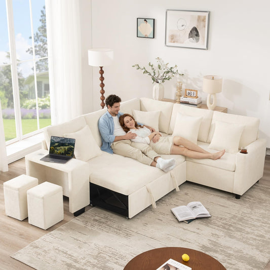 Sofá esquinero extensible en forma de L con puerto USB y portavasos, sofá cama de 4 plazas con función cama, sofá convertible con espacio de almacenamiento y reposabrazos, cojines, chenilla