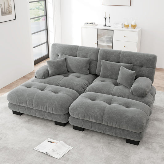 Sofá esquinero de chenilla nublado para salón, sofá doble con reposabrazos anchos, 2 cojines lumbares, 2 cojines decorativos y 2 otomanas, 220 x 140 x 81 cm (rosa)