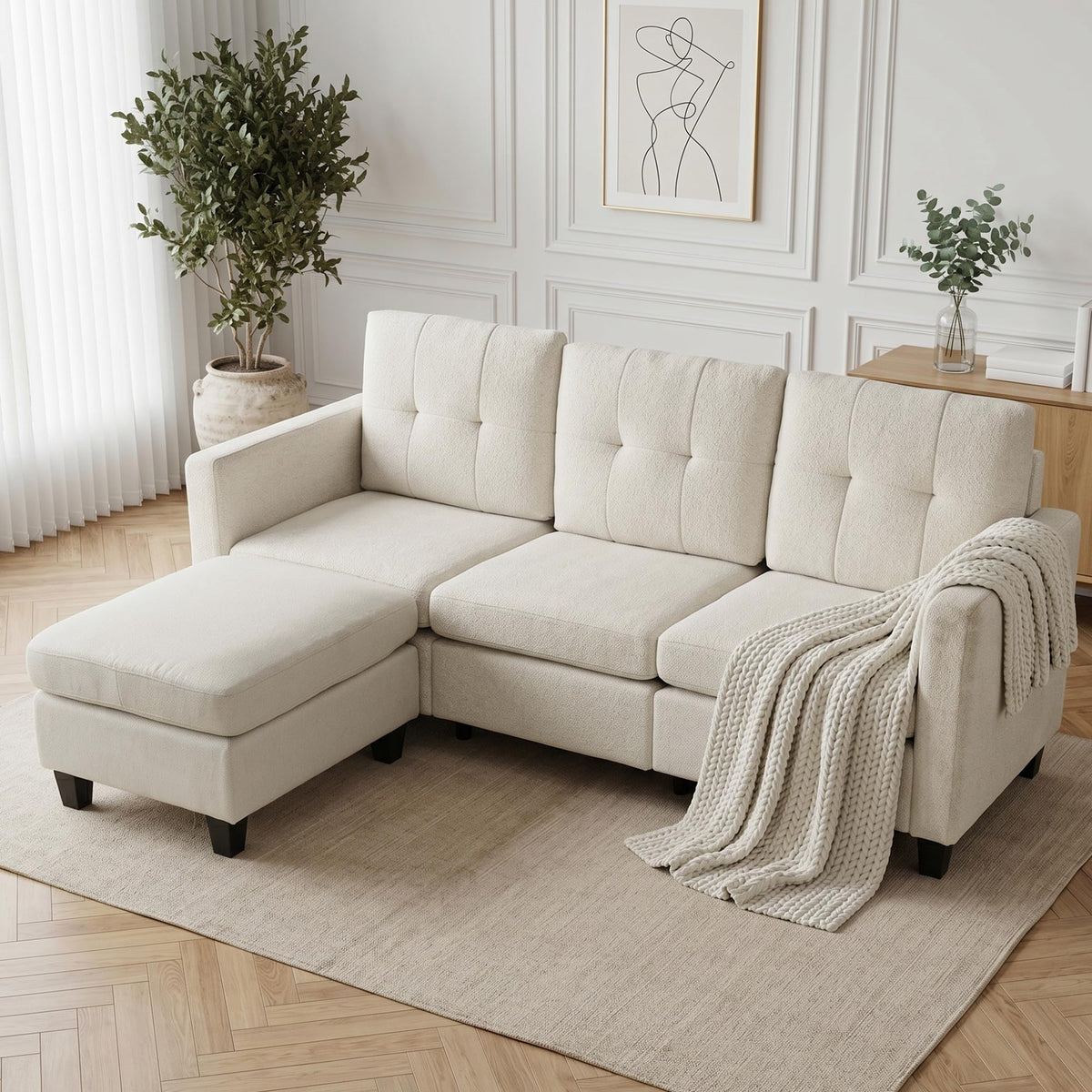 Sofá de 3 plazas con taburete, sofá flexible en forma de L como sofá esquinero, funda de tela suave con acolchado de espuma de alta densidad, sofá de salón para sala de estar, dormitorio, oficina y