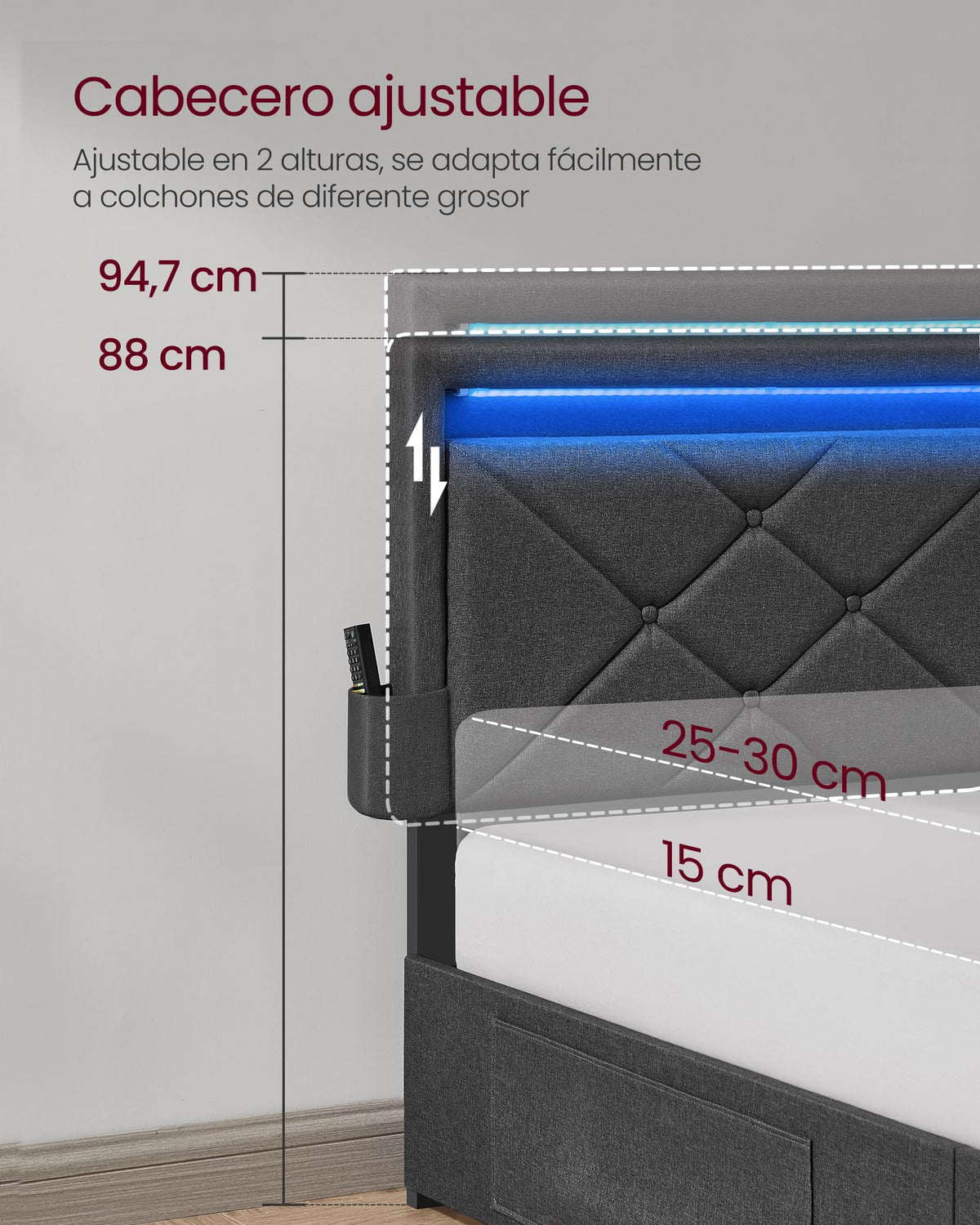 VASAGLE Marco de Cama Matrimonio, Base con Listones, 140 x 200 cm, LED, Metal, 4 Cajones, Estación de Carga, Cabecero Acolchado Ajustable, Gris Pizarra RMB827G02