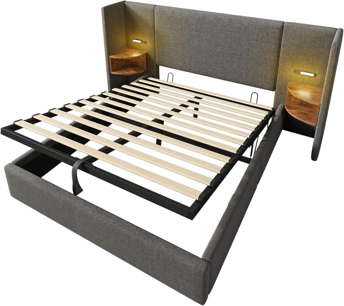 Camas Matrimoniales 160x200 con Cabecero Extendido y Espacio de Almacenaje Hidráulica, Cama Matrimonio con Lámpara de Lectura, Cama Doble con Puerto USB y Tipo C, Lino, Gris, Sin Colchón
