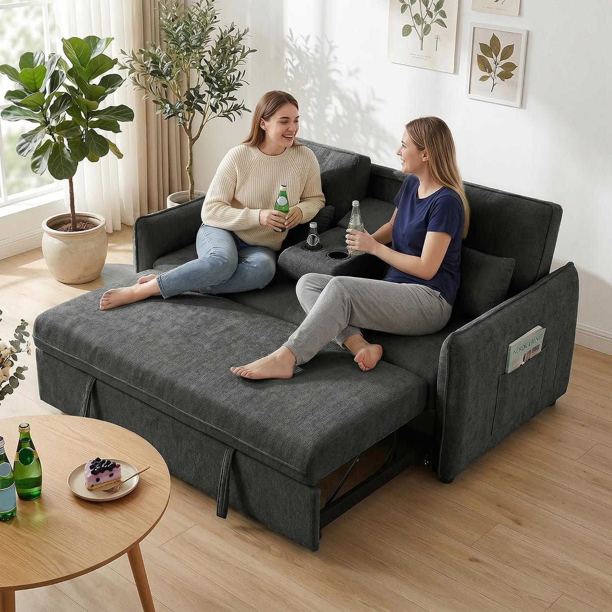 HOMCOM Sofá Cama 2 Plazas 3 en 1 Mesa Auxiliar 2 Almohadas Gris Oscuro