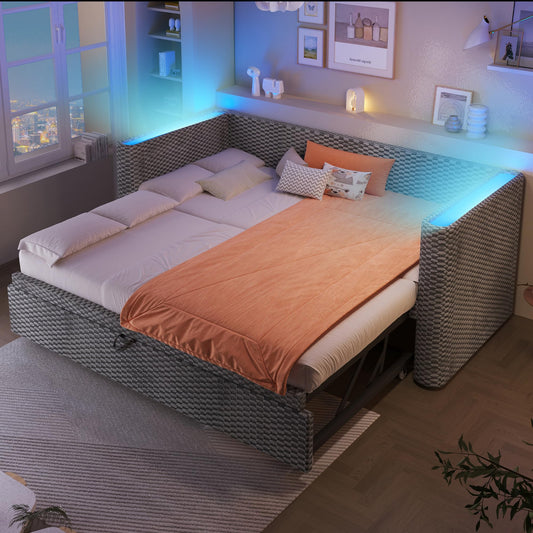 Moimhear Cama de día, diván cama, sofá cama, diseño de cama extensible multifuncional con tira de luz LED, somier de listones (sin colchón), terciopelo (beis, 90 x 200 cm+180 x 200 cm)