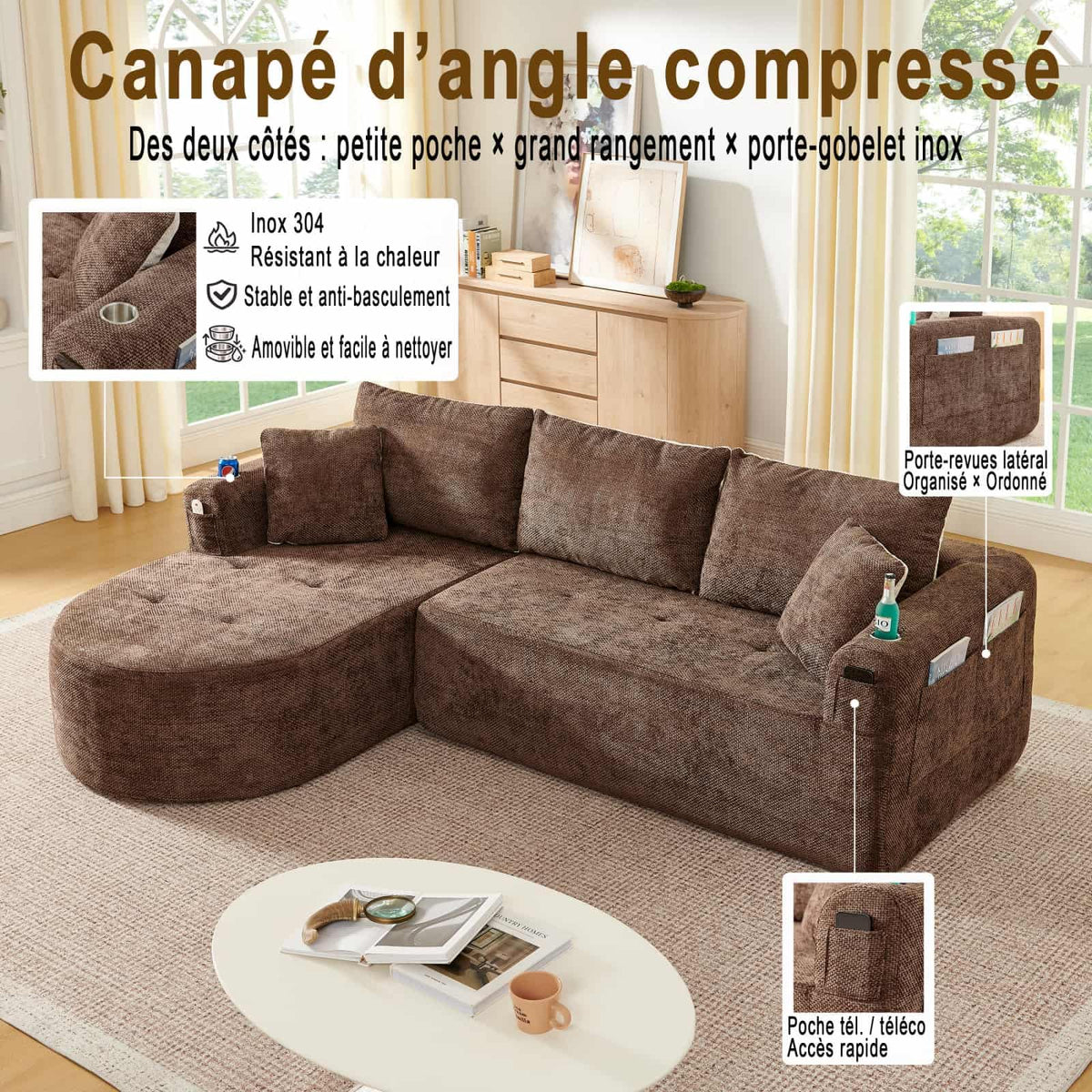 KOMHTOM Sofá Chaise Longue en L con Cojines (Negro)