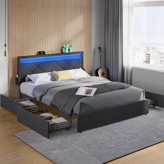 VASAGLE Marco de Cama Matrimonio, Base con Listones, 140 x 200 cm, LED, Metal, 4 Cajones, Estación de Carga, Cabecero Acolchado Ajustable, Gris Pizarra RMB827G02