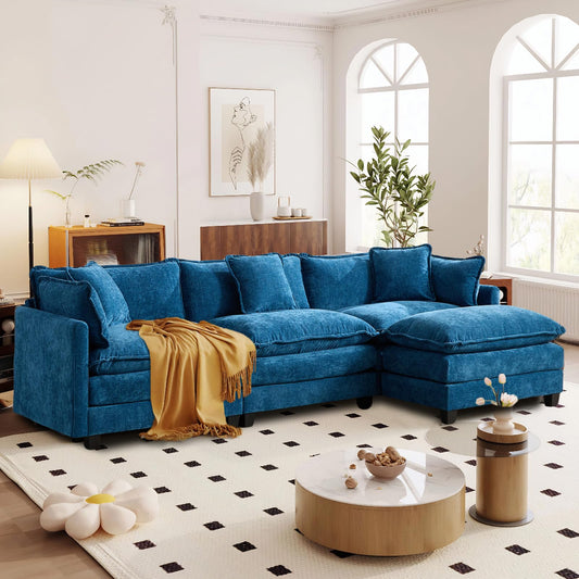 Sofá de salón modular 4 plazas 380cm, chenilla azul con cojines dobles