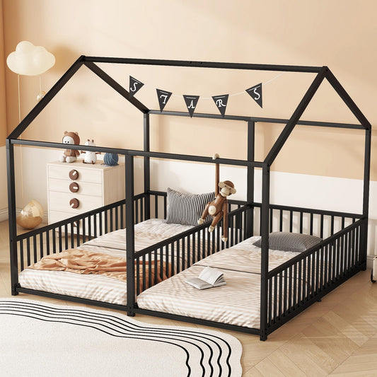 Cama infantil de 90 x 200 cm, dos camas de 90 cm con protección anticaídas, cama doble con modelado de casa, marco de hierro, color blanco, ideal para 2 niños