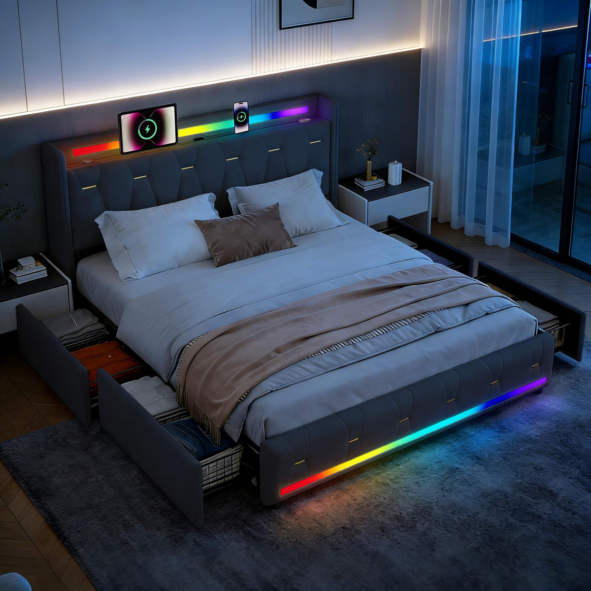 Estructura de Cama 140x200 cm con iluminación LED, Lino, Gris