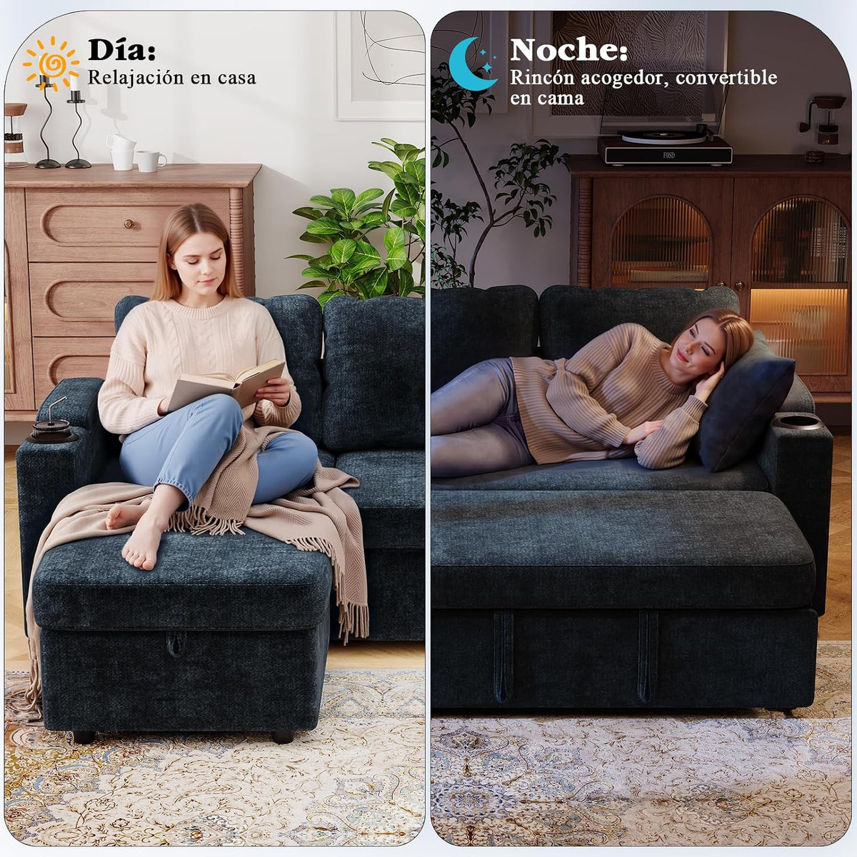 Devoko Sofá Cama L 3 plazas Azul Marino con almacén y portavasos, sofá Convertible Suave para salón y Piso, multifunción con Brazos amplios y Gran almacenaje