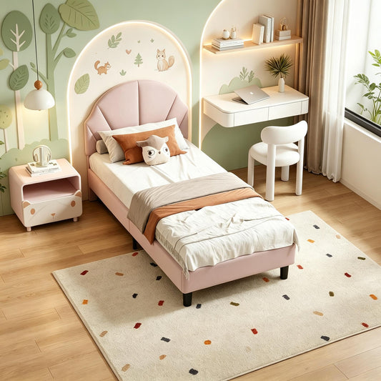 Cama Infantil tapizada 140 x 200 cm con LED, Cama tapizada para niños 140 x 200 con cabecera Ajustable Marco de Camas, Camas de Princesa para Niña en Forma de Corona con Somier(Rosa, 140 x 200)