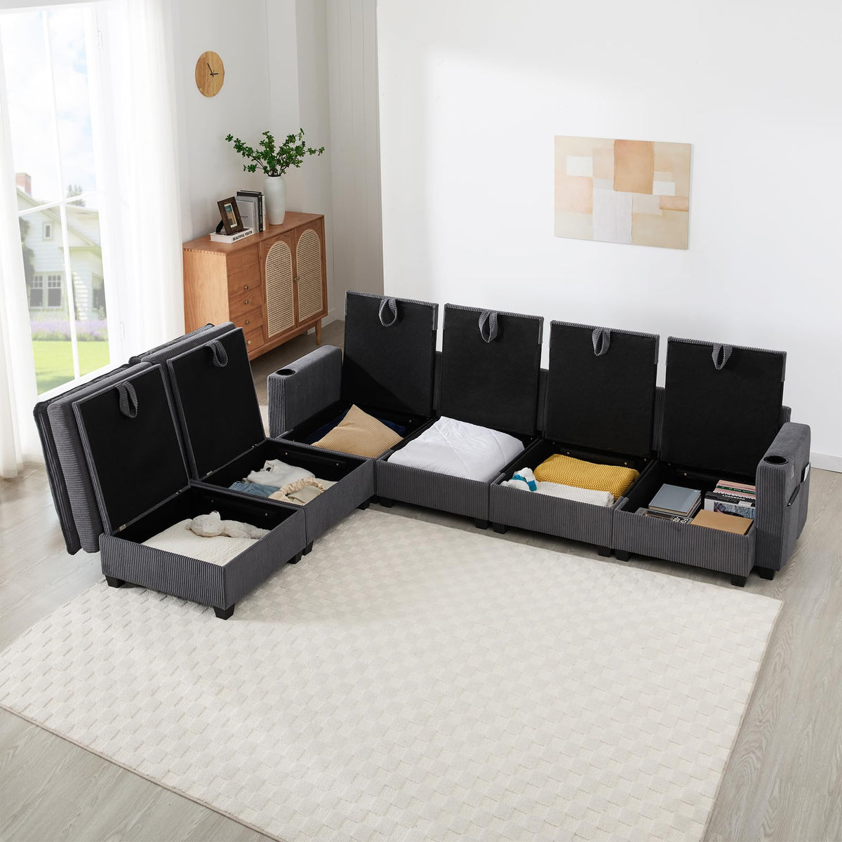 Sofá modular de 6 plazas, sofá esquinero en forma de L/U, puertos USB/tipo C, portavasos y espacio de almacenamiento, tela de chenilla, 7 cojines, salón, dormitorio y oficina, color beige