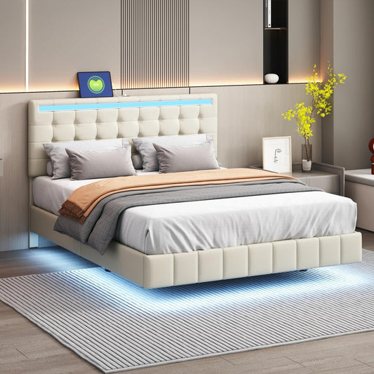 BRILVERDE Cama Tapizada 160x200 con Almacenamiento, Cama matrimonial con cajones, Cama Nido con LED, Cabecero Acolchado y Base de Láminas, Terciopelo (Beige, 160 x 200 cm)