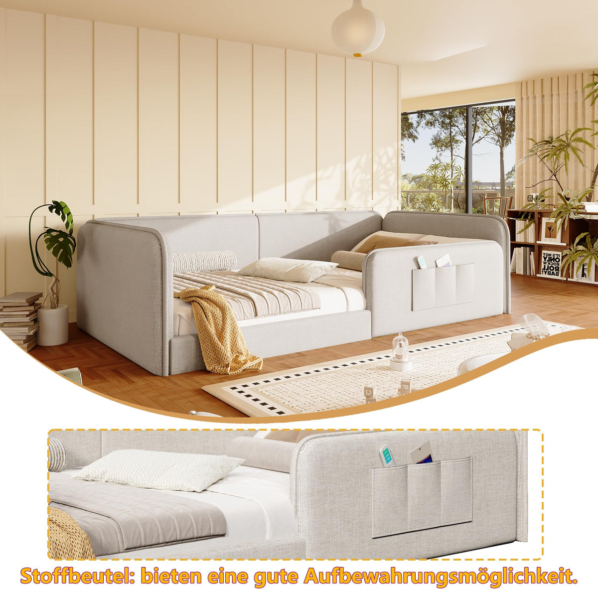 Cama con plataforma 90 x 200 cm con funda de lino suave, acolchado de espuma con marco de seguridad integral, color gris