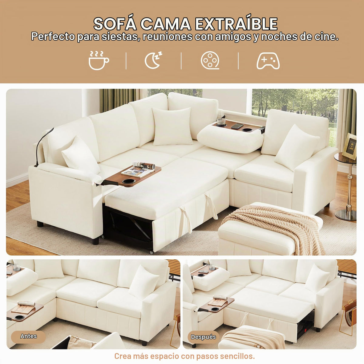 LAKFEW Sofa Cama con Cama Extensible y Taburete Almacenaje, Sofa Rinconera con USB, Lámpara de Lectura, Mesa Plegable con 2 Posavasos, 205x205x85 cm, Gris