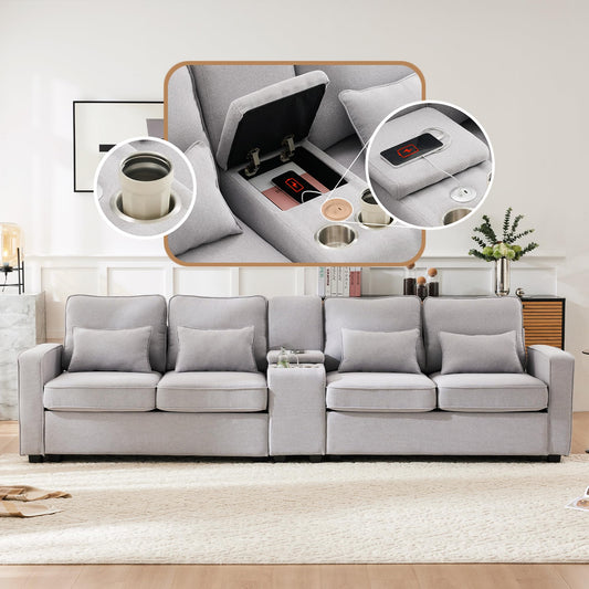 Sofá moderno de 4 plazas, en tejido de lino, soporte para bebidas, 2 puertos de carga USB con cable, bolsillos en reposabrazos y 4 cojines, sofá sencillo para sala de estar