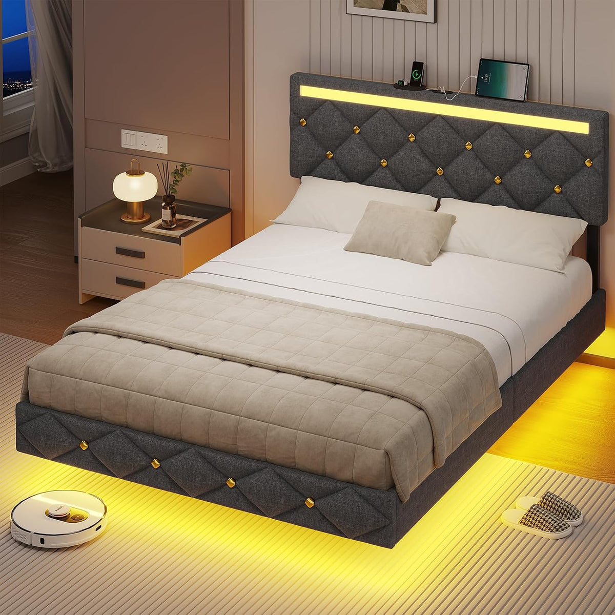 DICTAC Cama tapizada de 140 x 190 cm con carga USB e iluminación LED, cabecero con LED, cama doble con somier, cama juvenil, cama funcional, tela de lino, sin colchón