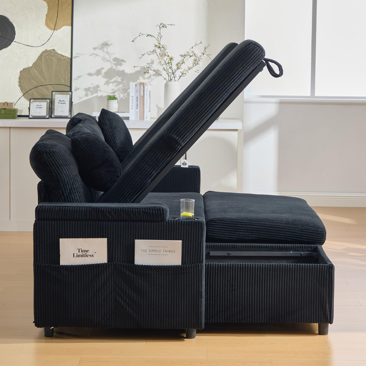 Dolamaní Sofá moderno de 4 plazas de tela de lino con espacio de almacenamiento y función de dormir, sofá cama con cajonera extensible en forma de L para casa y salón (beige B)