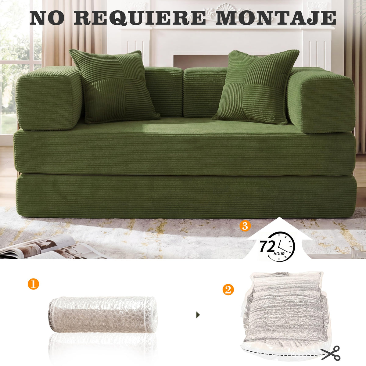 Vipbear Sofá Cama Pana 200×100×70 cm, sofá de Suelo transformable 5 en 1, Espuma de Alta Densidad, Apto para Mascotas y ergonómico, sin Montaje, Verde