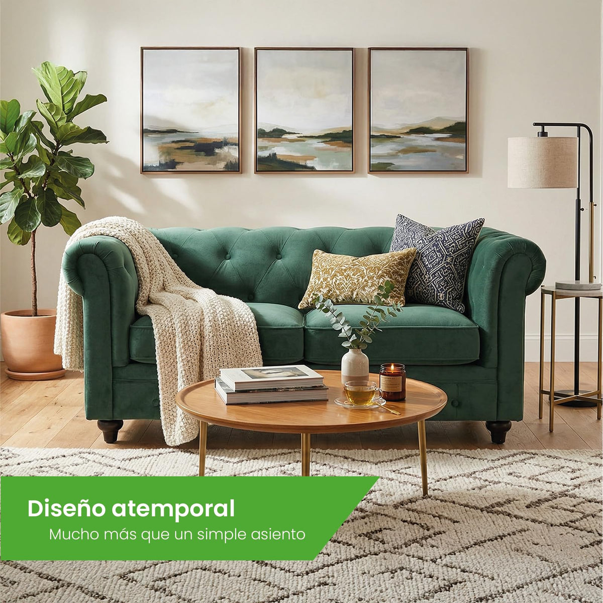 Sofá Chesterfield 3 Plazas | Terciopelo Verde Vintage