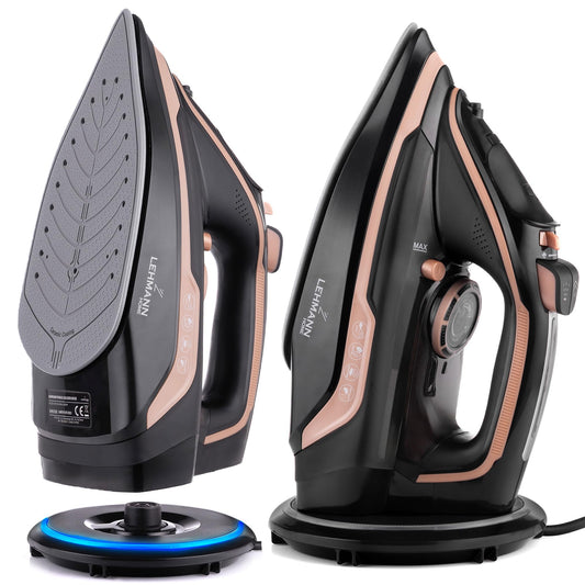 LEHMANN LGOIR-2632 Plancha de Vapor Inalámbrica 3000W, Plancha Ropa con Suela Cerámica, Base de Carga, Depósito 320 ml, Sistema Antigoteo, Función de Limpieza Fácil, Apta para Planchado Vertical
