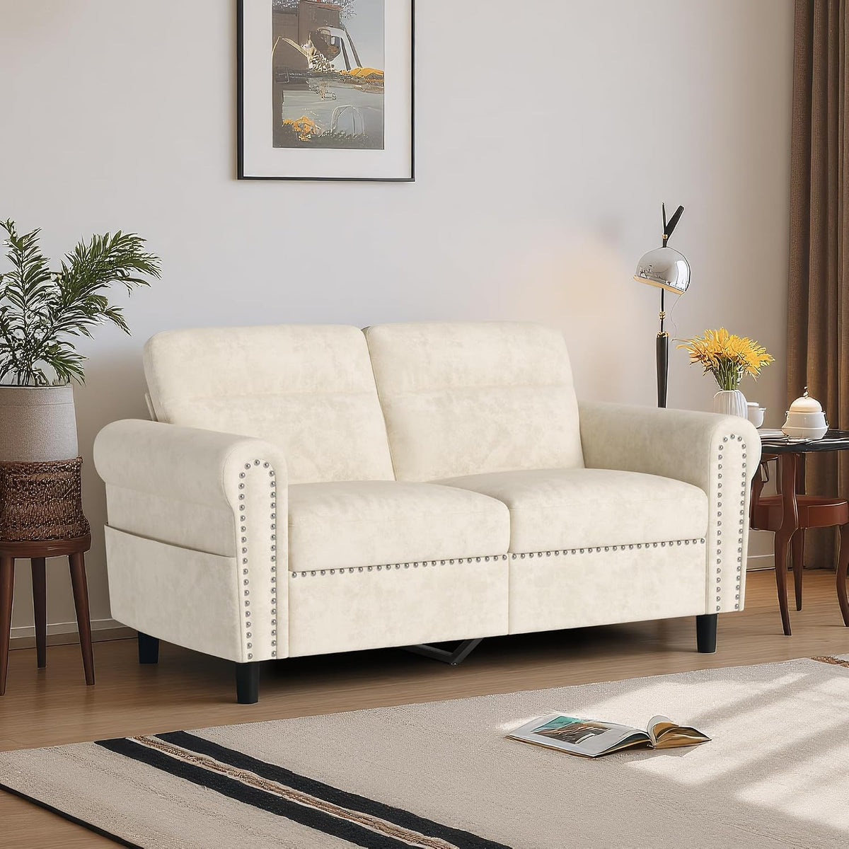 Sofá 2 Plazas,Loveseat con Bolsillo Lateral Beige