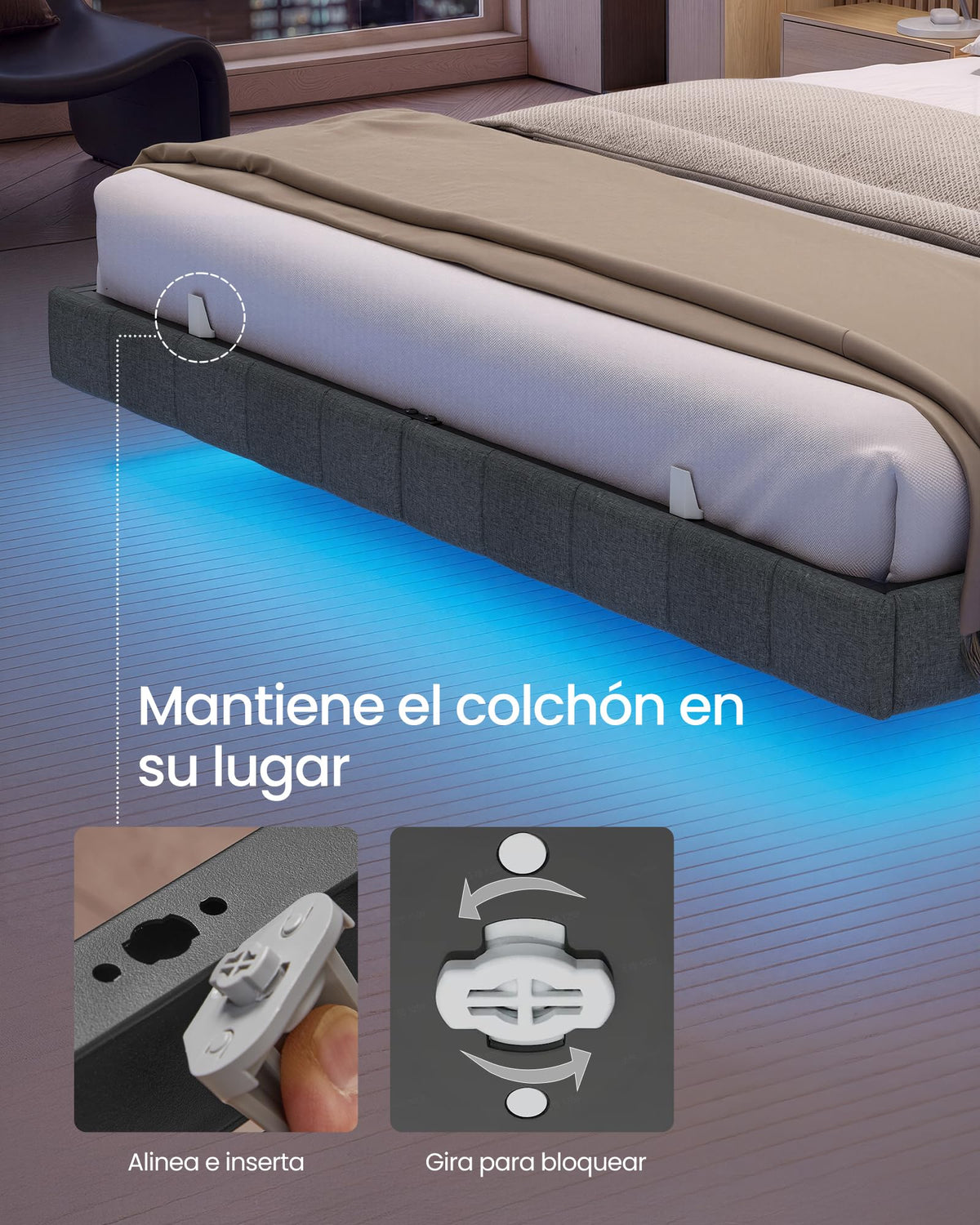 VASAGLE Marco de Cama Flotante, 140 x 200 cm, LED, 2 Tomas y 3 USB