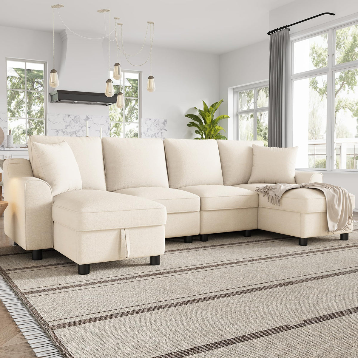 Sofá moderno de chenilla en forma de U con chaise longue, sofá esquinero de 4 plazas con espacio de almacenamiento, puerto USB y tipo C, modular, con soporte para bebidas y cojines suaves