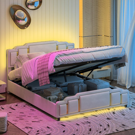 Cama tapizada de 160 x 200 cm con espacio de almacenamiento e iluminación LED, cama doble hidráulica con detalles dorados, cama de terciopelo de lujo con sincronización de música y
