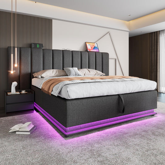 Cama tapizada 180×200cm, Cama Doble con canapé con LED y función de Carga USB-C, PU, sin colchón ni mesita de Noche (Blanco, 180 x 200 cm)